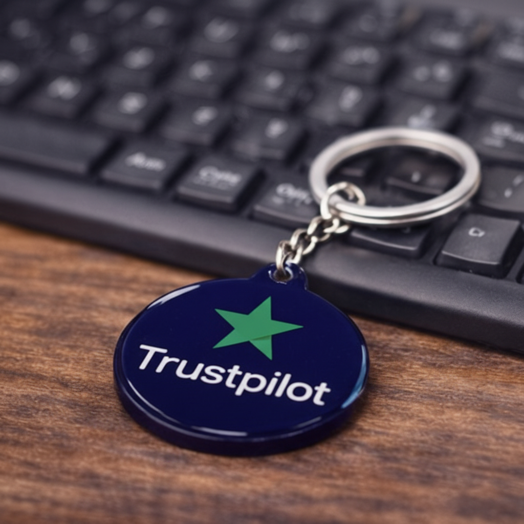 Trustpilot Keychain - On Desk with Keyboard